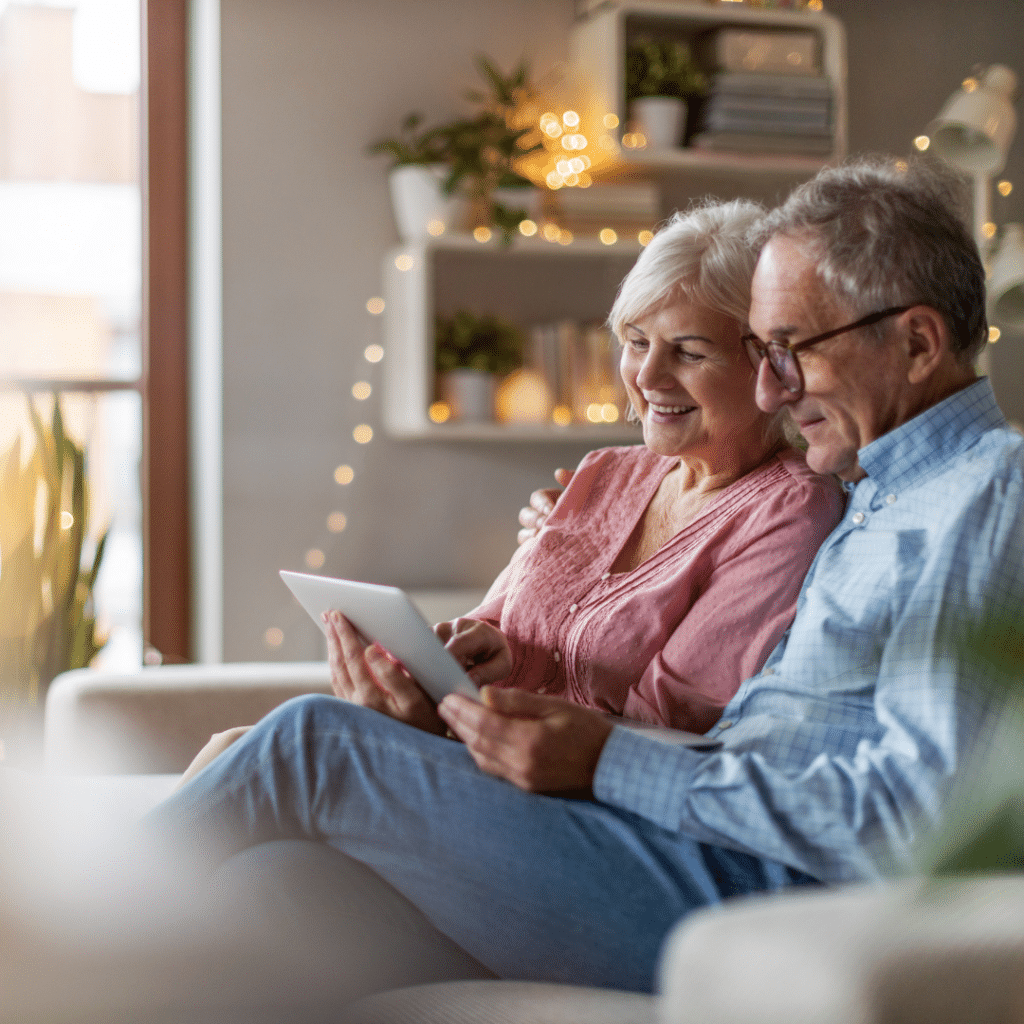 Elderly couple sitting on couch using a tablet