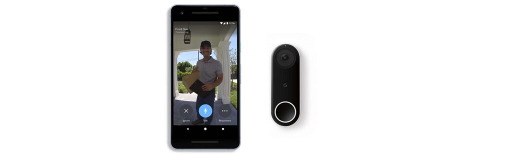 A Google Nest Doorbell alongside a cellphone displaying the doorbell's live footage of a Delivery person