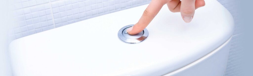 Hand pressing the flush button of a toilet tank