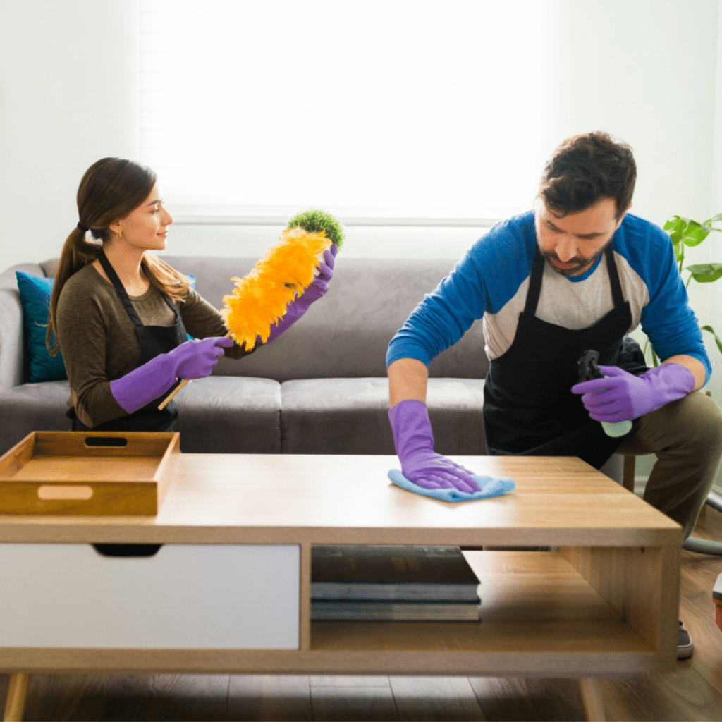 Man and woman dusting a living room