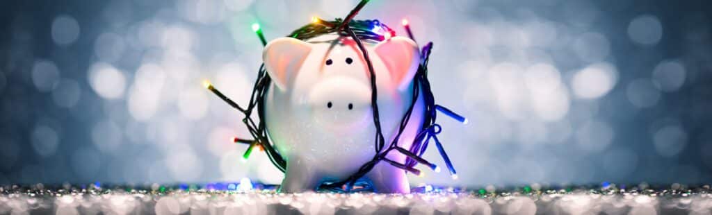 Piggy bank wrapped in colourful Christmas lights