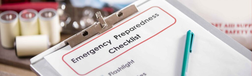 Clipboard with "Emergency Preparedness Checklist" written on it