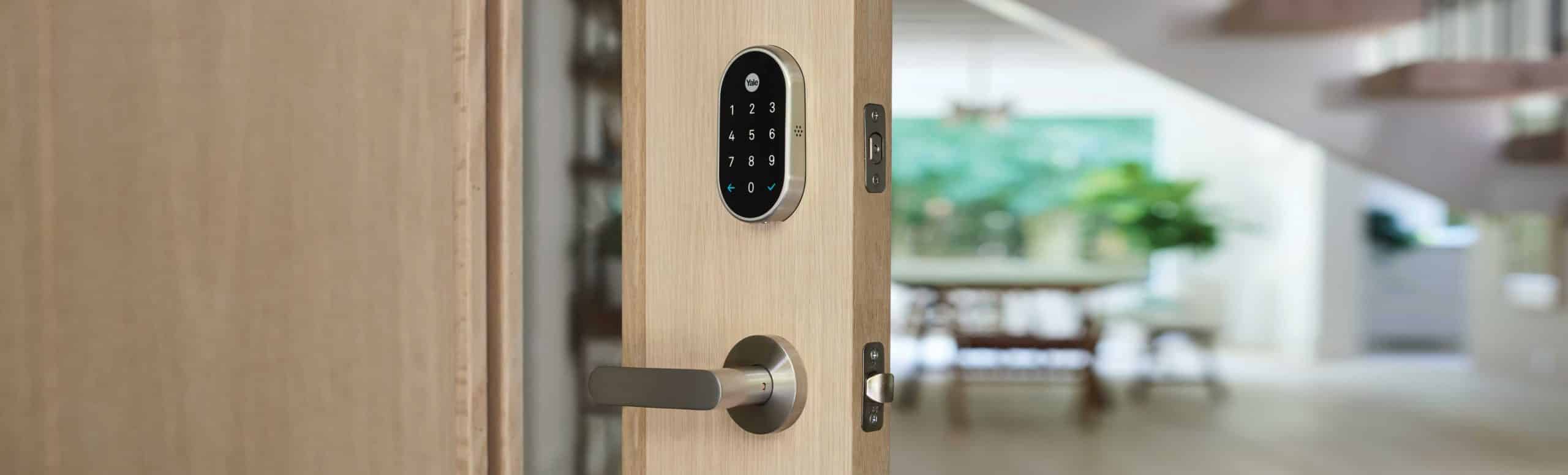 Door with a Google Nest x Yale Lock on it for security