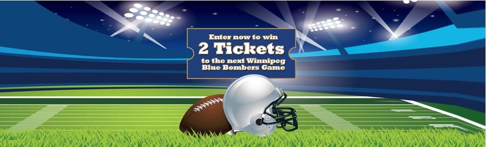 Enter now to win 2 tickets to the next Winnipeg Blue Bombers Game with Football field in the background