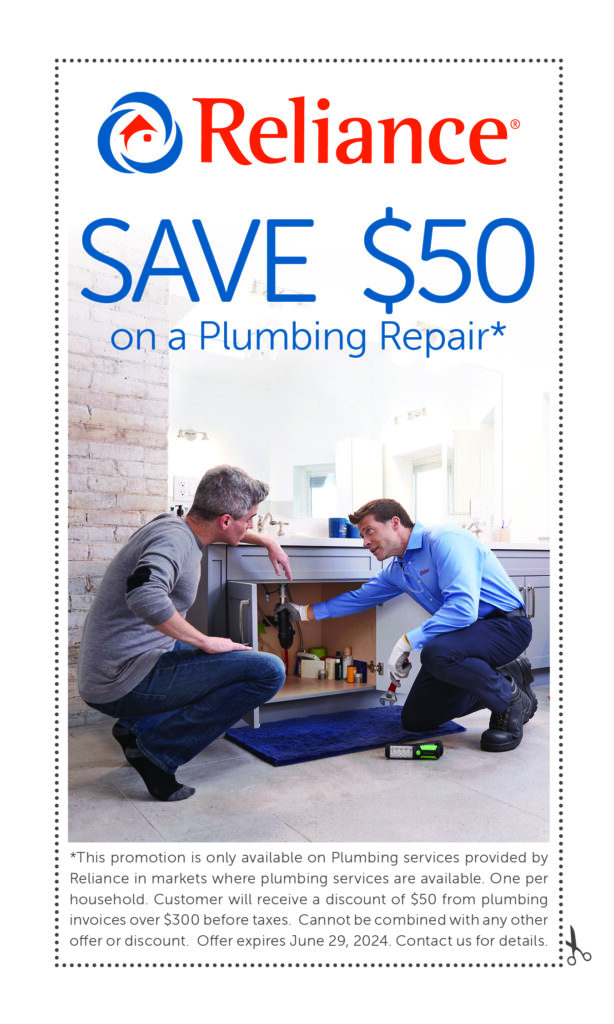 Reliance Save  on a plumbing repair print on coupon