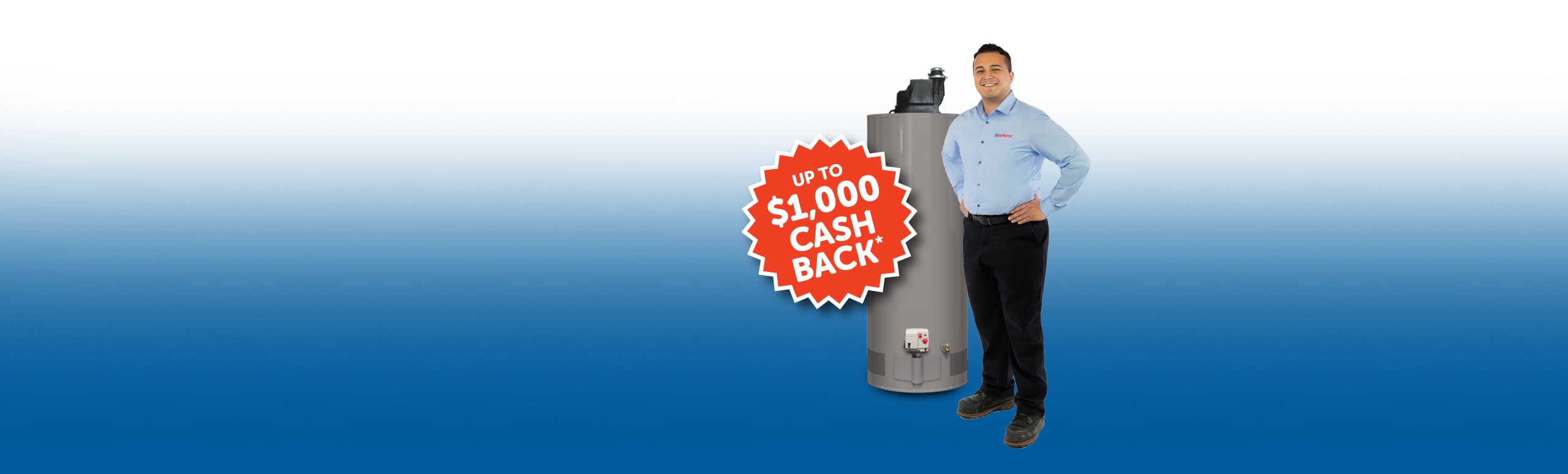 technician standing next to water heater with hands folded at waist