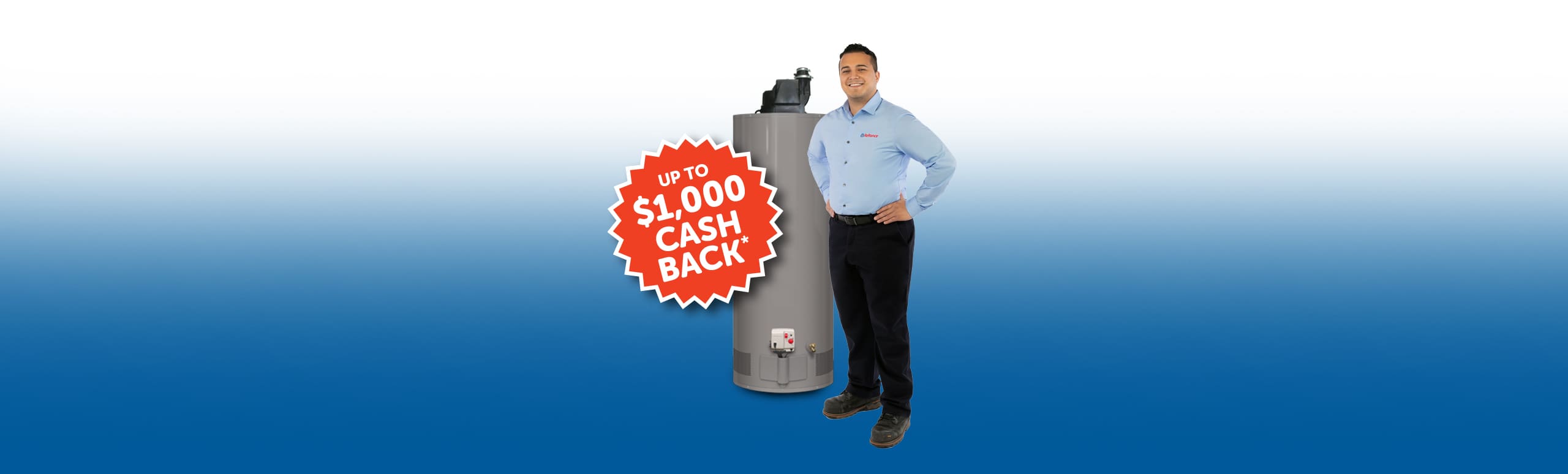 technician standing next to water heater with hands folded at waist