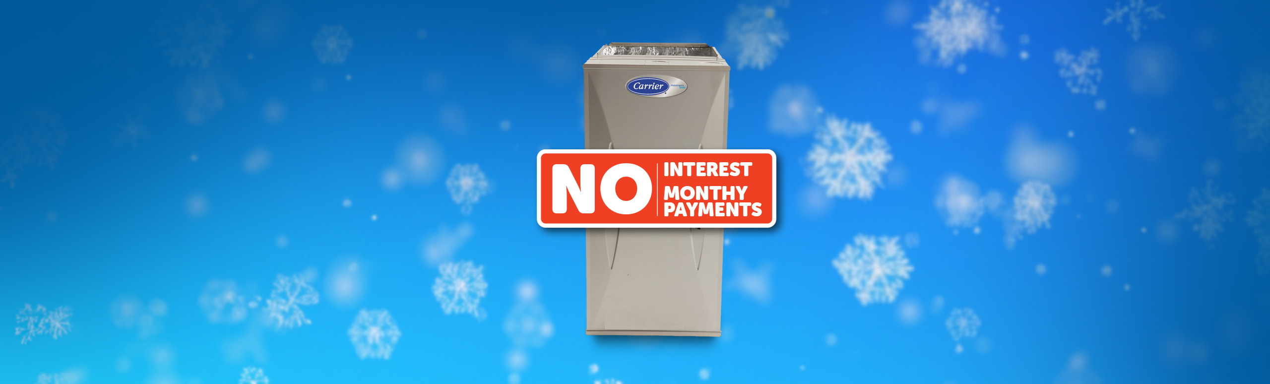 a furnace in front of a blue banner with a snowflake pattern