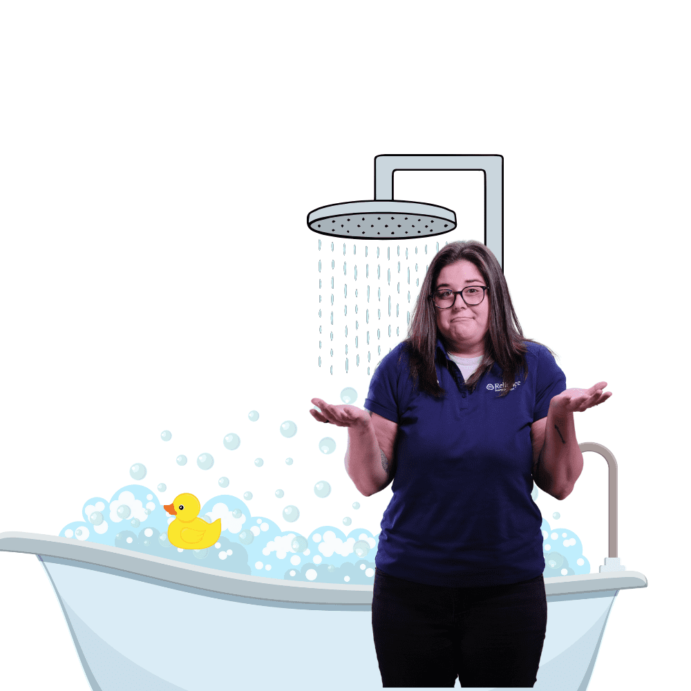 Reliance tech stands in front of graphic of bathtub and shower making questioning gesture with her arms