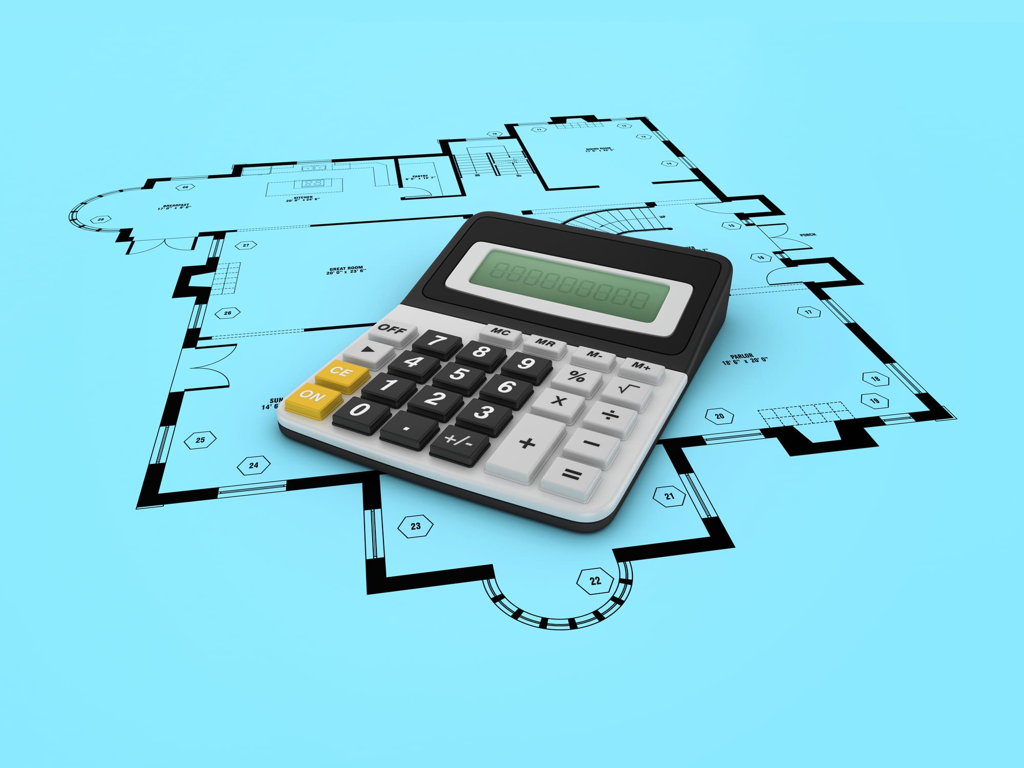 3D Calculator with Floor Plan - Colored Background - 3D Rendering
