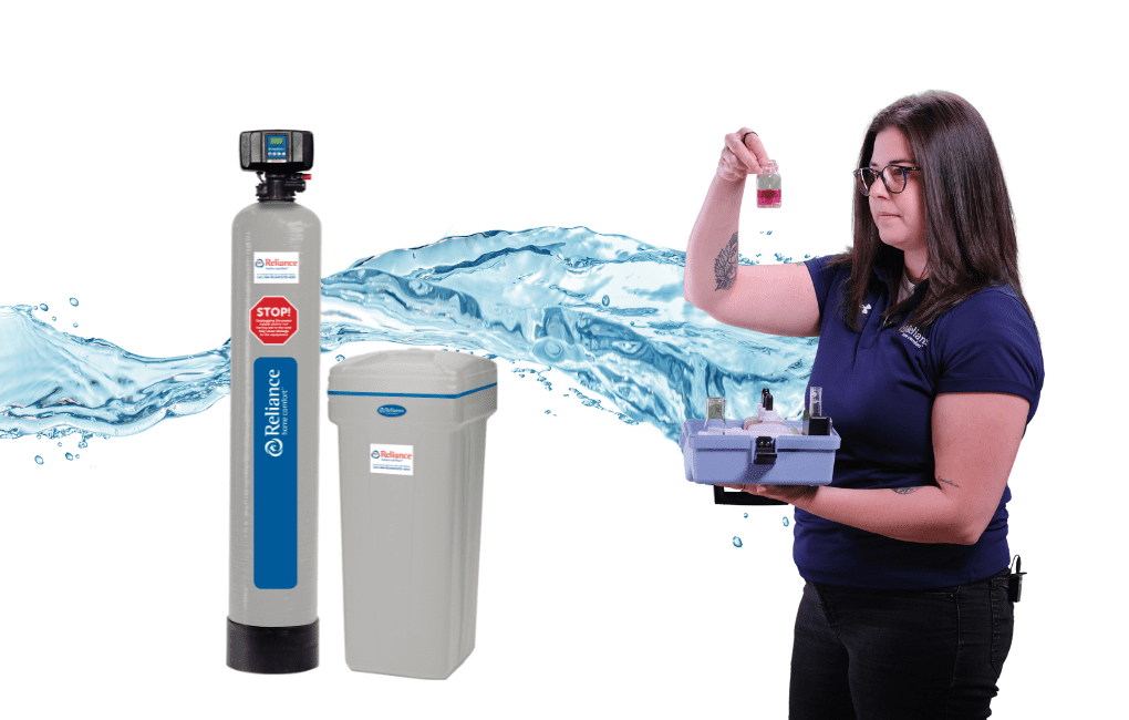 A Reliance Water Purification Advisor tests water for hardness beside an image of a Reliance water softener