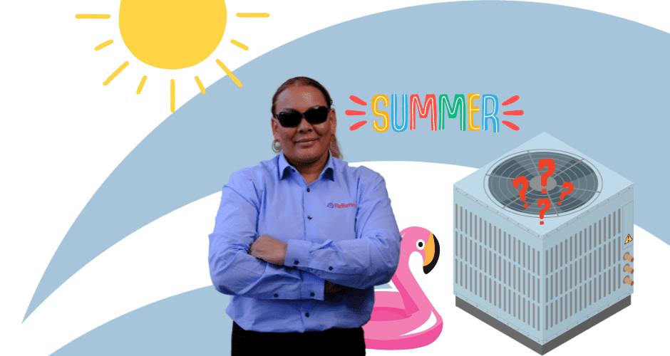 Reliance technicial stands beside graphics of an AC and summer icons
