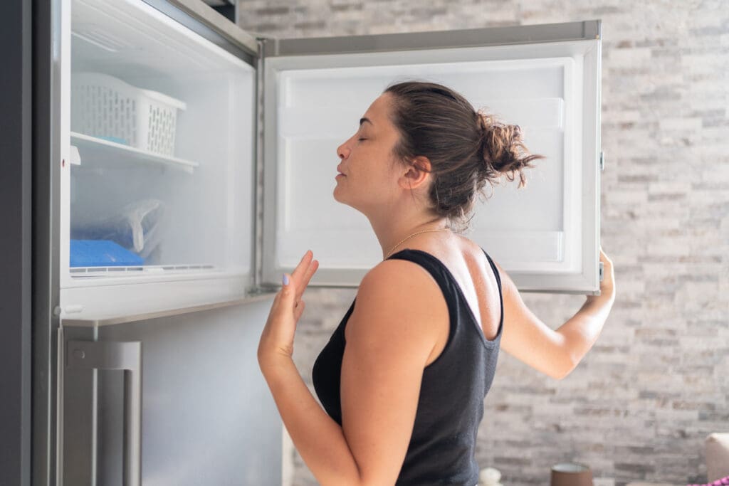 Woman Suffering From The Heat And Cooling Herself In Front Of The Open Fridge During Summer Time